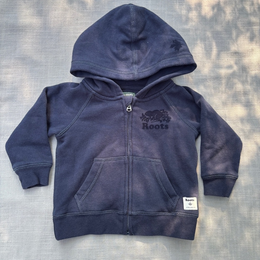 Roots Canada Baby Full Zip Hoodie Cozy Fleece Sweatshirt Navy Blue 6-12M